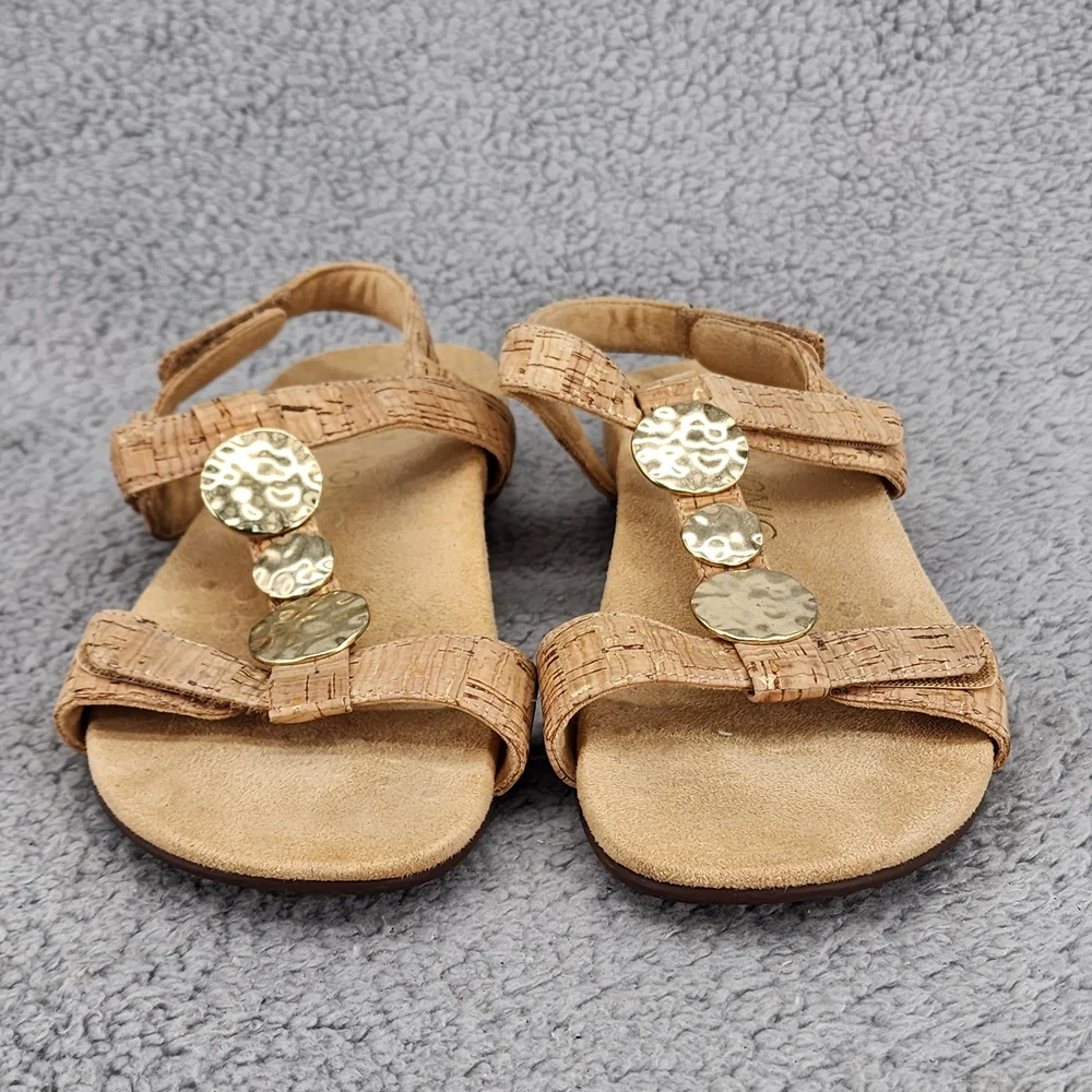 Vionic Farra Tan Cork Sandals Sz 8 Gold Details Ankle Strap Comfort Boho - Picture 2 of 11